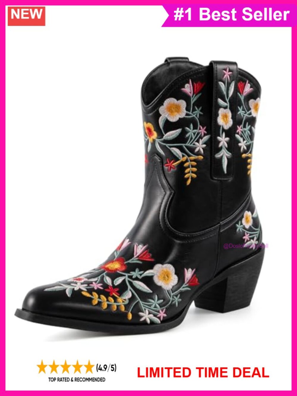 Flower Embroidered Snip Toe Western Cowboy Boots Chunky Heel Pull On